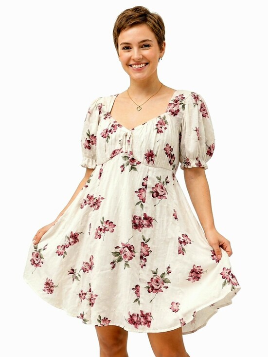 Dresses & Skirts - Cream Midi Dress with Pink Floral Print and Puff Sleeves